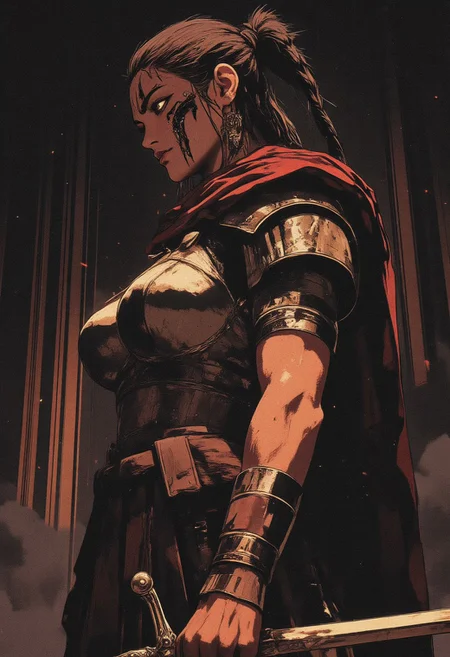 Female Roman soldier, Revenant, war paint, face paint, eye black, glowing eyes, in profile, toned arms, braided hair, battle damaged armor, large breasts, breast plate, dark and moody background, adds a dramatic tone, subtle lighting reflections, ray traced, foreshortening, particle effect, Holding a sword,