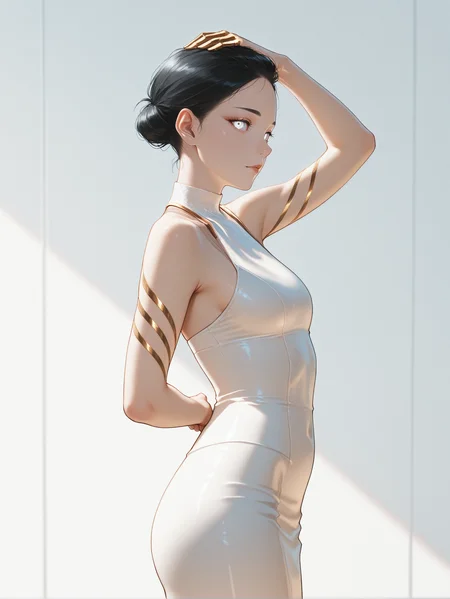masterpiece, best quality, absurdres,
<lora:ILCyberHanako:1.0>
CyberHanako, 1girl, black hair, white eyes, looking at viewer, standing, one hand resting above the head, hips slightly turned, side view