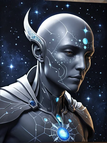 Warden of Stars: A humanoid with constellations embedded in their skin, they can guide others through cosmic dreams, providing visions of other worlds and past lives.
,Dota style
,graphite \(medium\)
