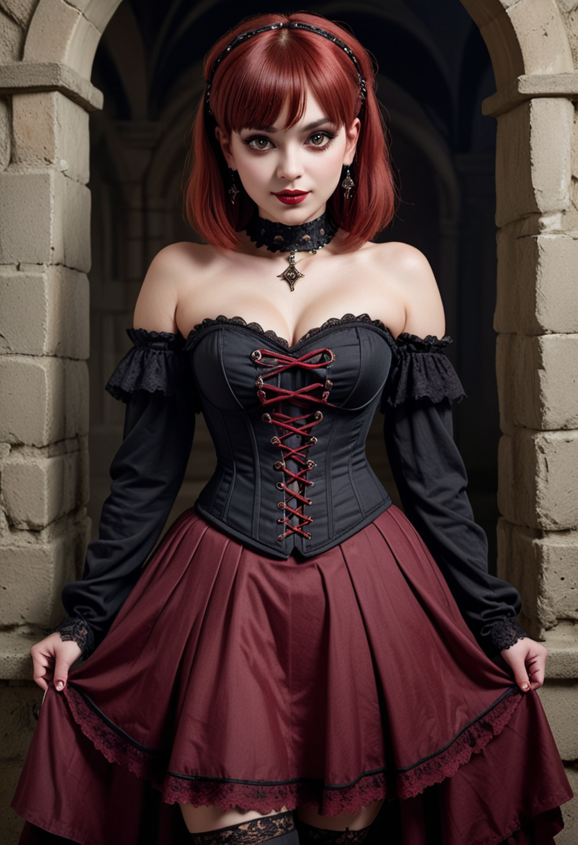 (medium full shot) of (haunting gothic maiden) young woman, voluptuous build, short red bangs hair, native american, tan skin, brown eyes, wearing a dark Renaissance-inspired crimson red corset-style top with skull embellishments, flowing skirt, patterned stockings, ballet flats, Dark burgundy lipstick, lace choker leather gloves, set in  a haunted castle, with eerie whispers, creaking floors, hidden passages, and ghostly apparitions , woman smiling, detailed face, ,Masterpiece,best quality, photo, realistic, very aesthetic,