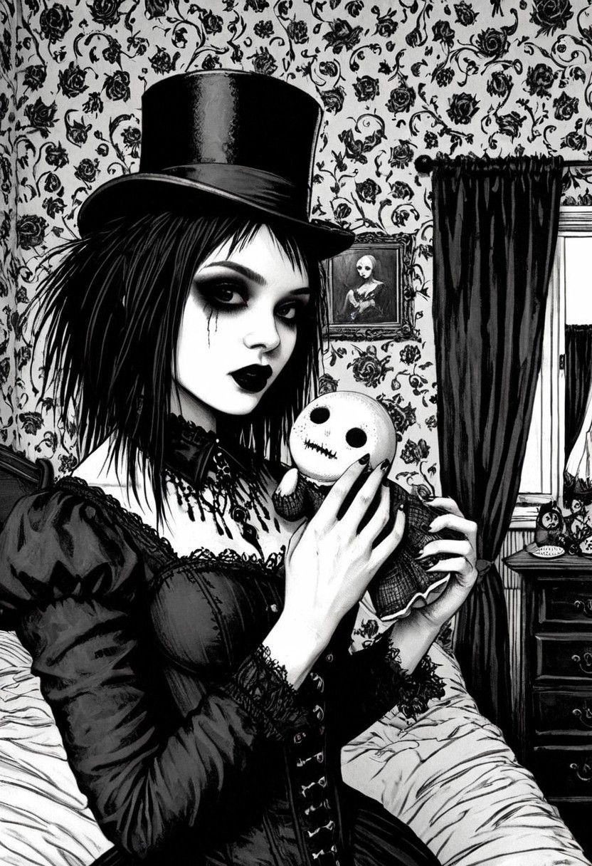 drawing, gothic, digital illustration, flat colors, line art, heavy film grain, black and white, 18 year old pretty goth girl, top hat, holding cracked porcelain_doll, bedroom,   sexy, creative angle, sexy poses