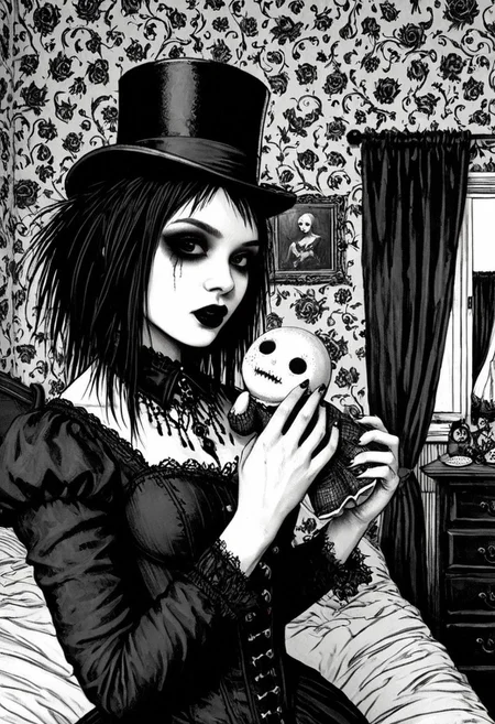 drawing, gothic, digital illustration, flat colors, line art, heavy film grain, black and white, 18 year old pretty goth girl, top hat, holding cracked porcelain_doll, bedroom, sexy, creative angle, sexy poses