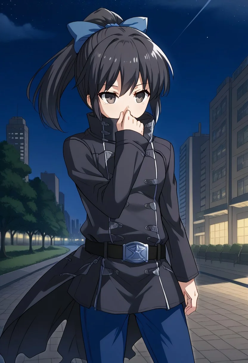 1girl, solo, udouharukakisei, black hair, ponytail, black eyes, hair bow, blue bow, black coat, high collar, covered mouth, black belt, blue pants, standing, outdoors, city, night, park,