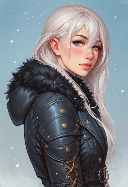 (((side view)))
1 girl, portrait, winter jacket with fur hood, long hair, winter, snowfall, 1girl solo, white hair, looking at viewer, bangs, day, blue sky, hair between eyes, outdoors, blush dramatic lights, relax,
(((full-clothed))),
BREAK 
(outdoor background:1.9) score_9, score_8_up, score_7_up, score_6_up, source_cartoon, rating_explicit, Expressiveh, (((((upper body))))), dynamic pose