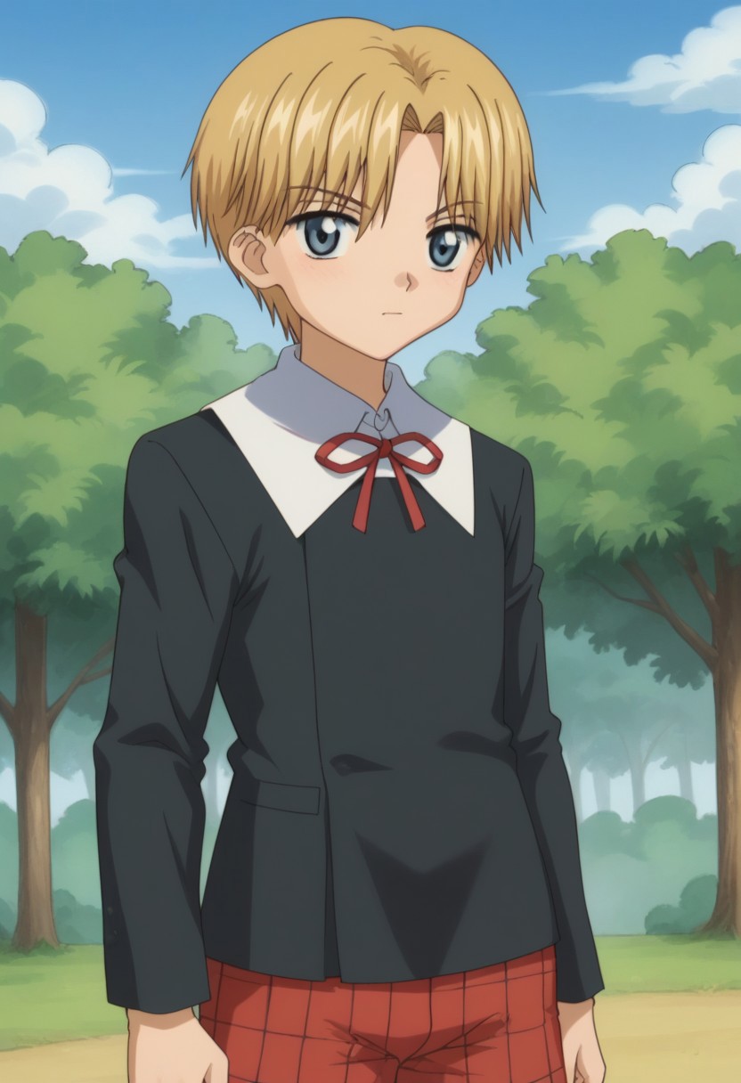 score_9, score_8_up, score_7_up, source_anime, highly detailed, 
rukanogi, 1boy, male focus, blonde hair, short hair, shorts, red shorts, plaid shorts, school uniform, blue eyes, solo, ribbon, neck ribbon, upper body, sweater, black sweater, shirt, white shirt, collared shirt, long sleeves,
outdoor, sky, tree