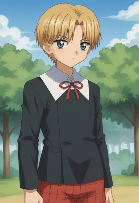 score_9, score_8_up, score_7_up, source_anime, highly detailed,
rukanogi, 1boy, male focus, blonde hair, short hair, shorts, red shorts, plaid shorts, school uniform, blue eyes, solo, ribbon, neck ribbon, upper body, sweater, black sweater, shirt, white shirt, collared shirt, long sleeves,
outdoor, sky, tree