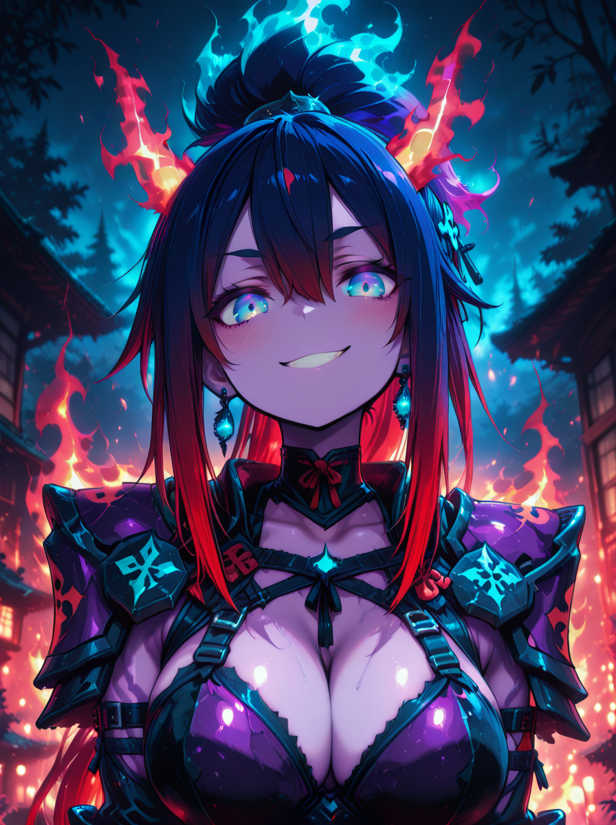 masterpiece, best quality, newest, amazing quality, very aesthetic, absurdres, source anime, Kiriko, 1girl, solo, half body, looking at viewer, big breasts, big ass, multicolored eyes, big eyes, glowing eyes, Shiba Eyebrows, blue skin, multicolored skin, purple skin, fiery hair, blue eyes, goth, emo, shaved hair, multicolored hair, blue hair, violet hair, red hair, gradient hair, ponytail, mohawk, hair ornament, earrings, glowing horns, energy horns, natural colors, long flowing hair with glowing tips, wearing a stylish fusion armor samurai + tactical + fantasy, black and blue energy aura, glowing tattoo on one arm, high-tech gauntlet on one hand, intricate details, dynamic lighting, epic lighting, battle aura, shonen aesthetic, cinematic atmosphere, highly detailed background, naughty face, Face of a girl, natural beauty, detailed features, shallow depth of field, Close-up face, young woman, smiling expression, soft lighting, detailed, serene expression, detailed face, natural lighting, intense gaze, <lora:KirikoNoobAIApexAi:1>