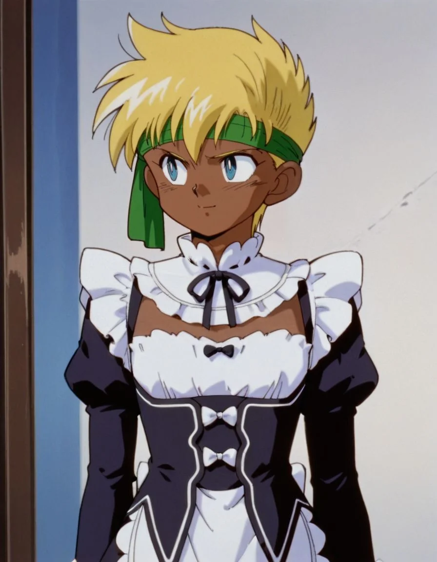 masterpiece, best quality, standing, 1boy, male focus, looking away, blushing, shy, light smile,    
<lora:J:1>, Ja1, blue eyes, dark skin, blonde hair, headband, retro artstyle, (roswaal mansion maid uniform:1.2),