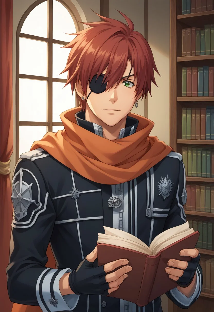 score_9, score_8_up, score_7_up, source_anime, highly detailed,
lavidgray, solo, gloves, eyepatch, 1boy, fingerless gloves, male focus, jacket, red hair,
leather, scarf, earrings, jewelry, green eyes, exorcist uniform,
indoor, window, bookshelf, books, focused, upper body, reading,