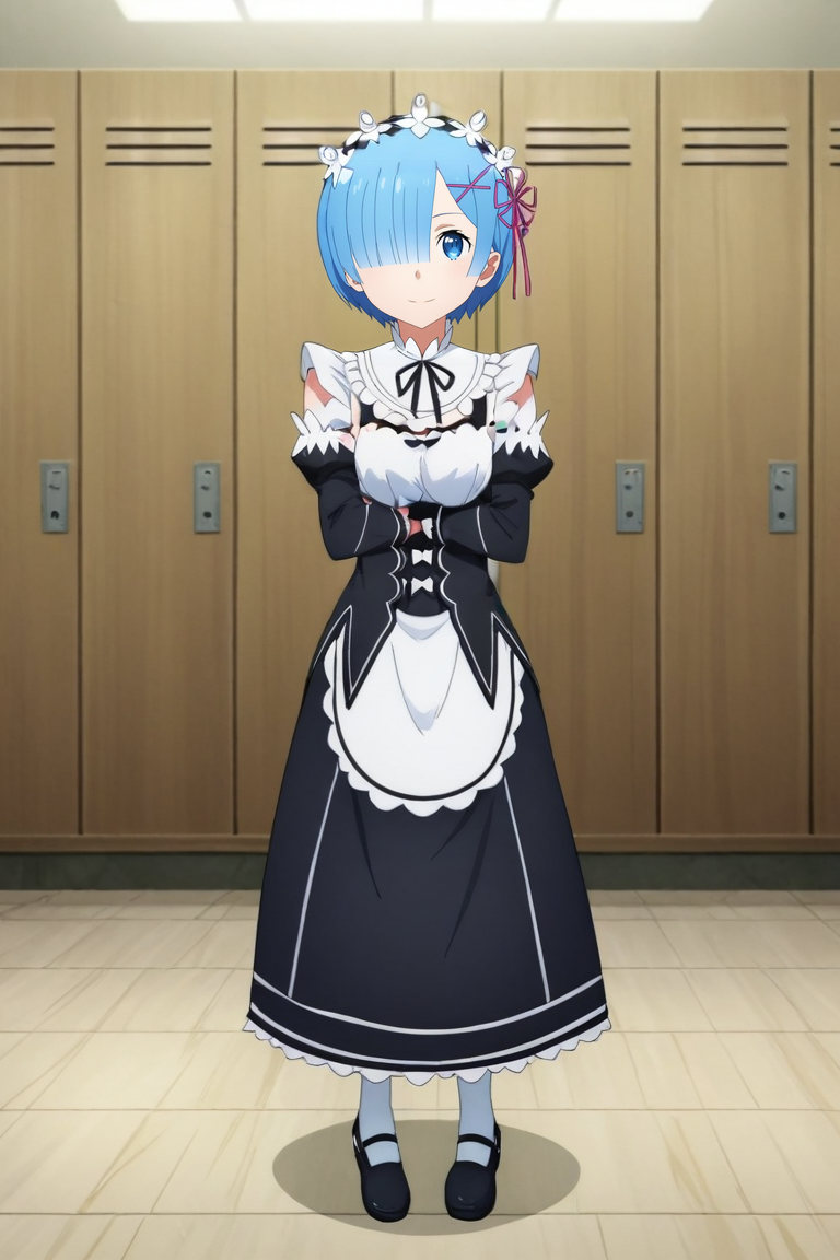 score_9, score_8_up, score_7_up, source_anime, rating_safe, intricate details, anime screencap, anime coloring, official style, looking at viewer, , 1girl, rem \(re:zero\), blue hair, blue eyes, short hair, hair over one eye, maid headdress, solo, from afar, full body, locker room, indoors, dark, pointing, naughty smile, <lora:sao_alicization_style_pony:0.96>, sao_alicization_style, <lora:sdxl_lightning_8step_lora:1>