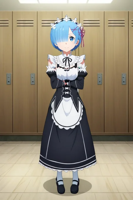 score_9, score_8_up, score_7_up, source_anime, rating_safe, intricate details, anime screencap, anime coloring, official style, looking at viewer, , 1girl, rem \(re:zero\), blue hair, blue eyes, short hair, hair over one eye, maid headdress, solo, from afar, full body, locker room, indoors, dark, pointing, naughty smile, <lora:sao_alicization_style_pony:0.96>, sao_alicization_style, <lora:sdxl_lightning_8step_lora:1>