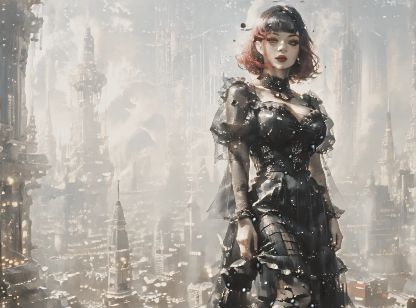 score_9, score_8_up, score_7_up, character portrait, angled, woman, pale skin, huge breasts, <lora:sm0k3XLP:1>, <lora:goth_clothes:1>, goth dress, gothic, black dress, detailed dress, black high heeled shoes, crimson red hair, black highlights, <lora:Our_Muted_Future_Style:1>, <lora:futuristic_city:1> futuristic-city,