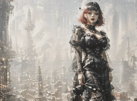 score_9, score_8_up, score_7_up, character portrait, angled, woman, pale skin, huge breasts, <lora:sm0k3XLP:1>, <lora:goth_clothes:1>, goth dress, gothic, black dress, detailed dress, black high heeled shoes, crimson red hair, black highlights, <lora:Our_Muted_Future_Style:1>, <lora:futuristic_city:1> futuristic-city,