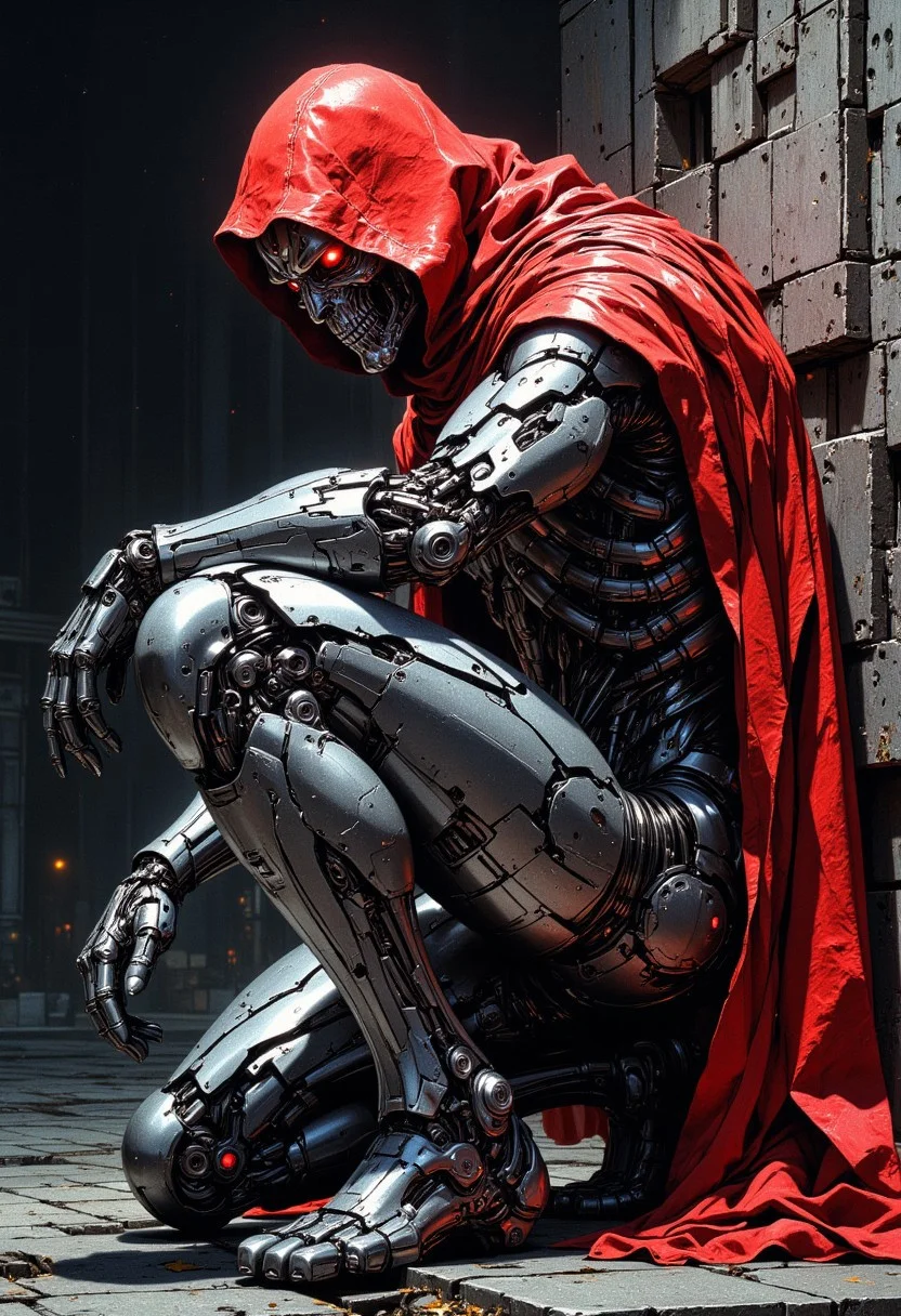 digital illustration, profile side view, sci-fi robot warrior, squatting on one knee, metallic body, red hooded cloak, futuristic armor, brightly glowing red eyes, dark industrial background, concrete wall, detailed textures, dramatic lighting, low angle, dramatic shadows, sci-fi, cyberpunk, highly realistic and complex, high-tech, mechanical details, intricate design, sci-fi movie still, realistic CGI, dystopian setting, detailed armor, sci-fi character design, dramatic pose, powerful stance, high contrast, reflective surfaces, sci-fi art, intense atmosphere, cinematic lighting, highly detailed and dynamic