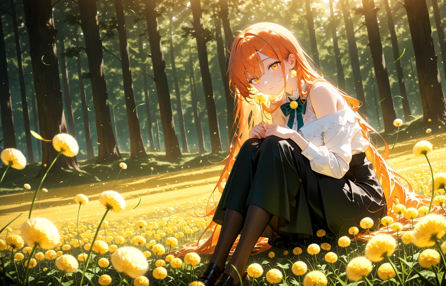 masterpiece, best quality, amazing quality, very aesthetic, absurdres, newest,
orange hair long dress off shoulders dandelion field flower
1girl,,bowtie,skirt,lace,pantyhose,long_hair, facelight
sitting from front very close-up
looking_at_viewer,g
{{best_quality}},{{amazing_quality,very_aesthetic}},
masterpiece, best quality, amazing quality, very aesthetic, absurdres, newest, volumetric lighting, <lora:spo_sdxl_10ep_4k-data_lora_webui:1> <lora:KonyaKarasue-Lokr-NOOBEPS110:1>