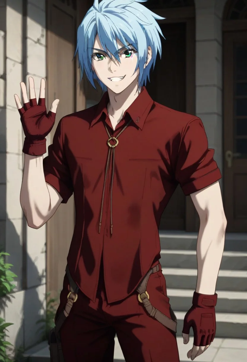 ((masterpiece)), ((best quality)), ((ultra-detailed)), ((absurdres)), score_9_up, score_8_up, score_7_up,
HD, top quality, best quality, amazing quality, High-quality illustrations, anime screencap, source_anime, best aesthetic, perfect proportions, perfect eyes, 1boy, 1male, solo boy, solo male, male focus, solo male focus, Anime, boy, male anime character, anime boy, handsome, attractive, cute, charming, sexy, hot, ((tall, tall body, talk height)), ((slim body, slender body, thin body)), ((front view, front view, front shot, facing front, looking at viewer)), Victor Putin, light blue hair, green eyes, red shirt, dark red fingerless gloves, red pants, updn, easynegative, neghands, Expressiveh, ((big smile with teeth, happy)), ((hand on hip)), ((hand waving 👋)), ((head to hips shot, cowboy shot)), ((blue sky))