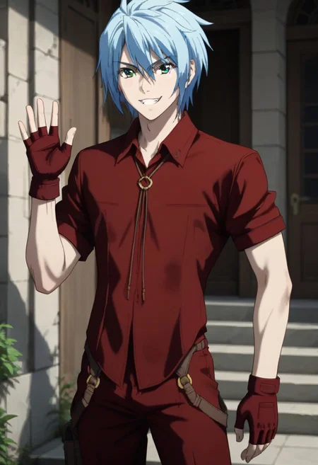 ((masterpiece)), ((best quality)), ((ultra-detailed)), ((absurdres)), score_9_up, score_8_up, score_7_up,
HD, top quality, best quality, amazing quality, High-quality illustrations, anime screencap, source_anime, best aesthetic, perfect proportions, perfect eyes, 1boy, 1male, solo boy, solo male, male focus, solo male focus, Anime, boy, male anime character, anime boy, handsome, attractive, cute, charming, sexy, hot, ((tall, tall body, talk height)), ((slim body, slender body, thin body)), ((front view, front view, front shot, facing front, looking at viewer)), Victor Putin, light blue hair, green eyes, red shirt, dark red fingerless gloves, red pants, updn, easynegative, neghands, Expressiveh, ((big smile with teeth, happy)), ((hand on hip)), ((hand waving 👋)), ((head to hips shot, cowboy shot)), ((blue sky))