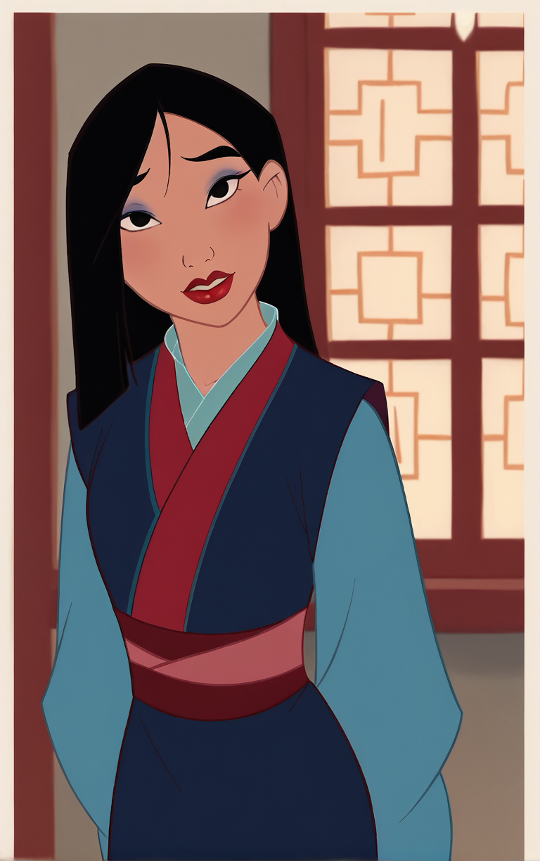 score_9, score_8_up, score_7_up, looking at viewer,  BREAK
BlueDress_Fa_Mulan_ownwaifu,  
1girl, black hair, black eyes, long sleeves, long hair, dark skin, lips, lipstick, bangs, makeup, red lips, hair over one eye, medium hair, parted bangs,
japanese clothes, korean clothes, kimono, hanbok, dress, sash, blue dress, puffy sleeves,
(portrait, head tilt, looking at viewer), white border, bokeh, <lora:PONYXL_Fa_Mulan_Movie_ownwaifu:0.8>, solo,