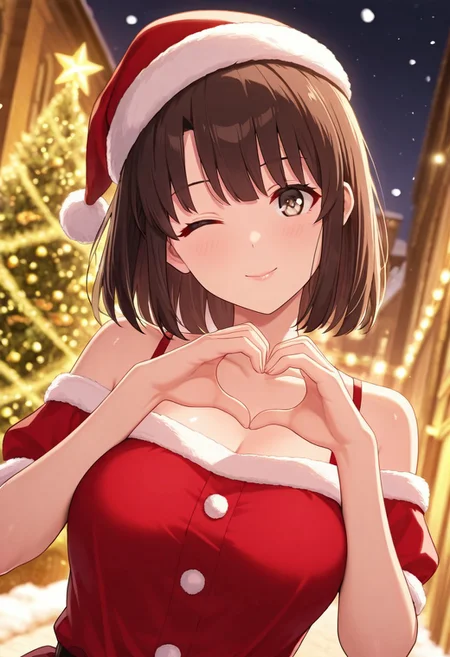 masterpiece, best quality, amazing quality, very aesthetic, high resolution, ultra-detailed, absurdres, newest, scenery, christmas, snowing, cinematic light, 1girl,Megumi <lora:IL-KatoMegumi:0.8>,brown hair,katou megumi,brown eyes,medium breasts, looking at viewer, one eye closed, smile, christmas costume, off-shoulder red christmas dress, santa hat, no sleeves, shoulders, looking at viewer, dutch angle, upper body, twisty pose, head tilt, heart hands, hands to the side, depth of field, snow, lights, christmas tree, fine fabric emphasis, rim light, face focus, BREAK, extremely detailed clothes, eyes, hands, fingers, lips, detailed eyes, shiny skin, detailed skin, detailed hair, masterpiece, best quality, amazing quality, very aesthetic, high resolution, ultra-detailed, absurdres, newest, scenery, volumetric lighting
