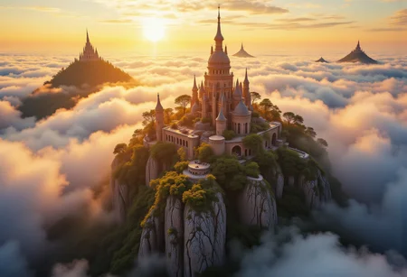 the most realistic, photorealistic photo ever taken [flythrough a VAST ANCIENT mystical ISLAND city in the clouds, GOLDEN HOUR, a dream world , shifting landscapes, and ethereal creatures, Captured with a Hasselblad X2D 100C and an 80mm f/1.9 lens, hyper-realistic textures, soft studio lighting, elegant shadows, styled for a Vogue beauty editorial, incredible realism, creamy bokeh, ultra-detailed textures, perfect lighting, styled for a Vogue cover]  aidmaimageupgrader, aidmamj6.1