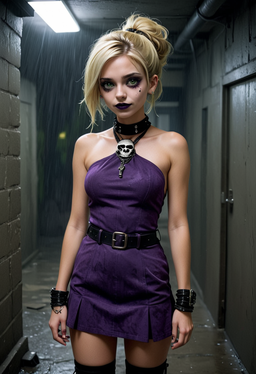 (medium full shot) of (introspective emo girl) young woman, slender build, long blonde french twist hair, mexican, tan skin, green eyes, wearing a dark purple halter dress with dark patterns , suede boots with buckles, black lipstick, smoky eyeshadow, heavy eyeliner, carrying a skull-patterned backpack choker necklace, set in  a basement show, with low ceilings, raw energy, and a tight, sweaty crowd, during a storm, woman smiling, detailed face, ,Masterpiece,best quality, photo, realistic, very aesthetic