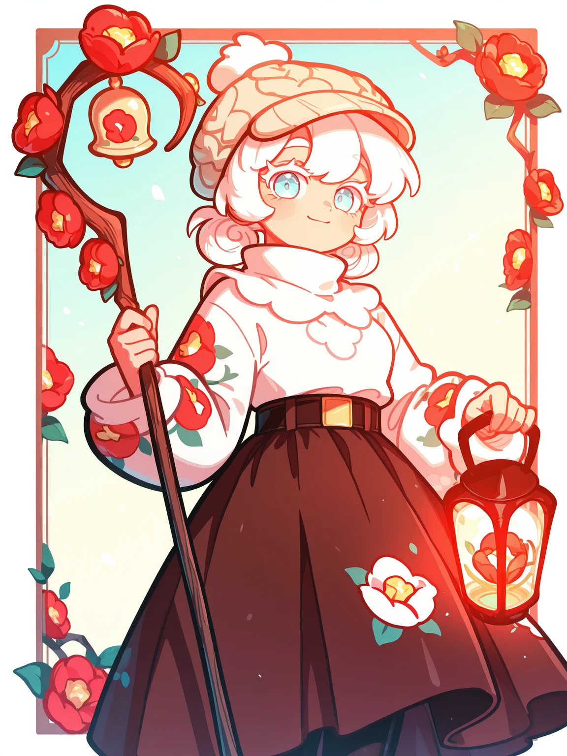 <lora:CCRKXL:1> CTCR, CTCR, alt outfit, 1girl, white sweater, floral print, brown skirt, black pantyhose, long sleeves, beanie, long skirt, double bun, holding staff, flower bell, flower lantern, holding, flower staff, holding lantern, lantern, camellia, smile, blue eyes, white eyelashes,
<lora:cfg_scale_boost:0.5> [lazypos], inset border, cowboy shot, looking at viewer, gradient background, <lora:spo_sdxl_10ep_4k-data_lora_webui:0.4> <lora:retrocute:1>, <lora:omoyunakyu715-_style_Illustrious:0.4> omoyu_nakyu715,