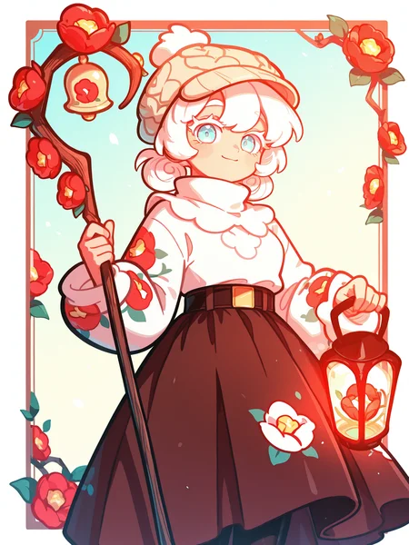 <lora:CCRKXL:1> CTCR, CTCR, alt outfit, 1girl, white sweater, floral print, brown skirt, black pantyhose, long sleeves, beanie, long skirt, double bun, holding staff, flower bell, flower lantern, holding, flower staff, holding lantern, lantern, camellia, smile, blue eyes, white eyelashes,
<lora:cfg_scale_boost:0.5> [lazypos], inset border, cowboy shot, looking at viewer, gradient background, <lora:spo_sdxl_10ep_4k-data_lora_webui:0.4> <lora:retrocute:1>, <lora:omoyunakyu715-_style_Illustrious:0.4> omoyu_nakyu715,