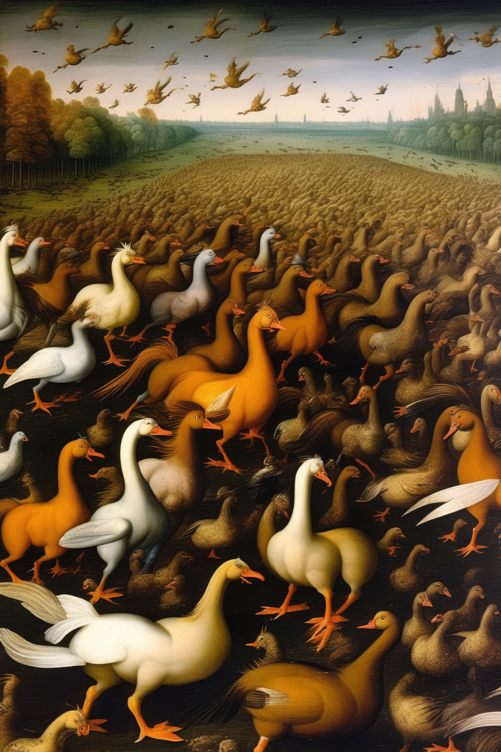 <lora:Jan Brueghel Style:1>Jan Brueghel Style - aerial perspective view of a large battlefield with an army of horse-sized ducks fighting against and army of duck-sized horses