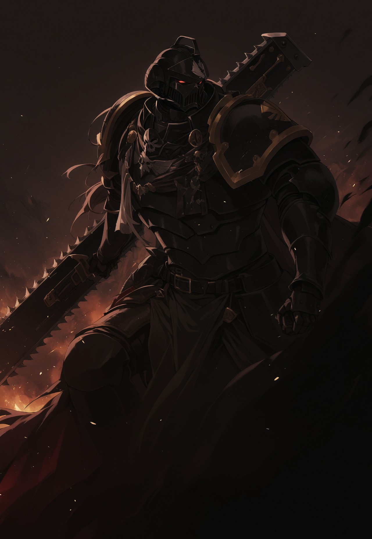 stunning, magnificent, HD, photorealistic, dramatic lighting, intricate details, full body intricate armor, legendary, powerful, cinematic, trending on ArtStatio, gothic architecture, background, extremely detailed, absurdres, masterpiece, cel shading, BREAK Anime Illustration, full body, charging forward, He is holding a 40kchainsword up. helmet, intricate black armor, black trimmings, cross detailing, black full armor, panoply, <lora:Astartes:0.8> <lora:Bad_Hands_lora:0.8> <lora:Chainsword_-_Warhammer_40000_SDXL:0.4> <lora:add-detail-xl:1> <lora:sinfully_stylish_SDKL:1> <lora:Expressive_H:1>
