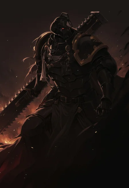 stunning, magnificent, HD, photorealistic, dramatic lighting, intricate details, full body intricate armor, legendary, powerful, cinematic, trending on ArtStatio, gothic architecture, background, extremely detailed, absurdres, masterpiece, cel shading, BREAK Anime Illustration, full body, charging forward, He is holding a 40kchainsword up. helmet, intricate black armor, black trimmings, cross detailing, black full armor, panoply, <lora:Astartes:0.8> <lora:Bad_Hands_lora:0.8> <lora:Chainsword_-_Warhammer_40000_SDXL:0.4> <lora:add-detail-xl:1> <lora:sinfully_stylish_SDKL:1> <lora:Expressive_H:1>