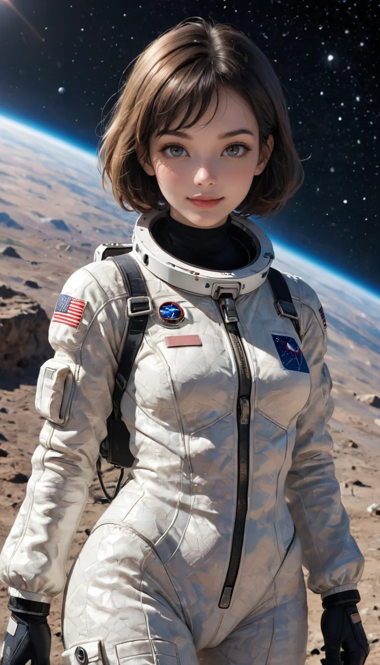 Portrait, girl, astronaut, cute, seductive, innocent, light smile:0.3, plump lips, slender body, high detailed futurist spacesuit, textured clothing, lunar landscape background, depth of field, dynamic angle, fashion photography, sharp, hyperdetailed:1.15, 4n1v3rs3