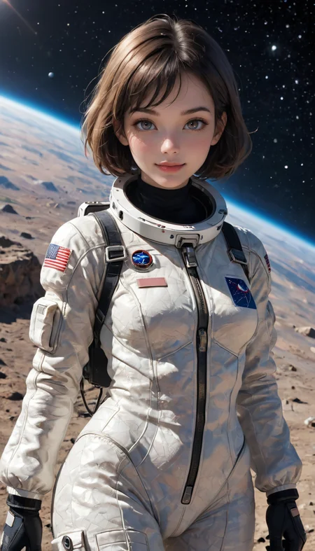 Portrait, girl, astronaut, cute, seductive, innocent, light smile:0.3, plump lips, slender body, high detailed futurist spacesuit, textured clothing, lunar landscape background, depth of field, dynamic angle, fashion photography, sharp, hyperdetailed:1.15, 4n1v3rs3