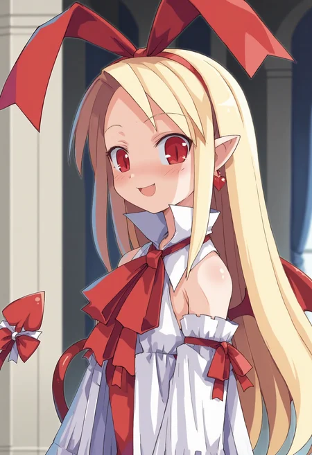 score_9, score_8_up, score_7_up, score_6_up, score_5_up, score_4_up , anime coloring ,BREAK source_anime, anime screencap,
1girl, solo, disflonne, red eyes, heart earrings, red tail, red hair ribbon, red neck ribbon, fallen flonne outfit, white tail bow, red earrings, detached sleeves, pointy ears, demon girl, red wings, demon tail, red leotard, <lora:PonyXL Flonne V3:1>
indoors, upper body, looking at viewer, smile,