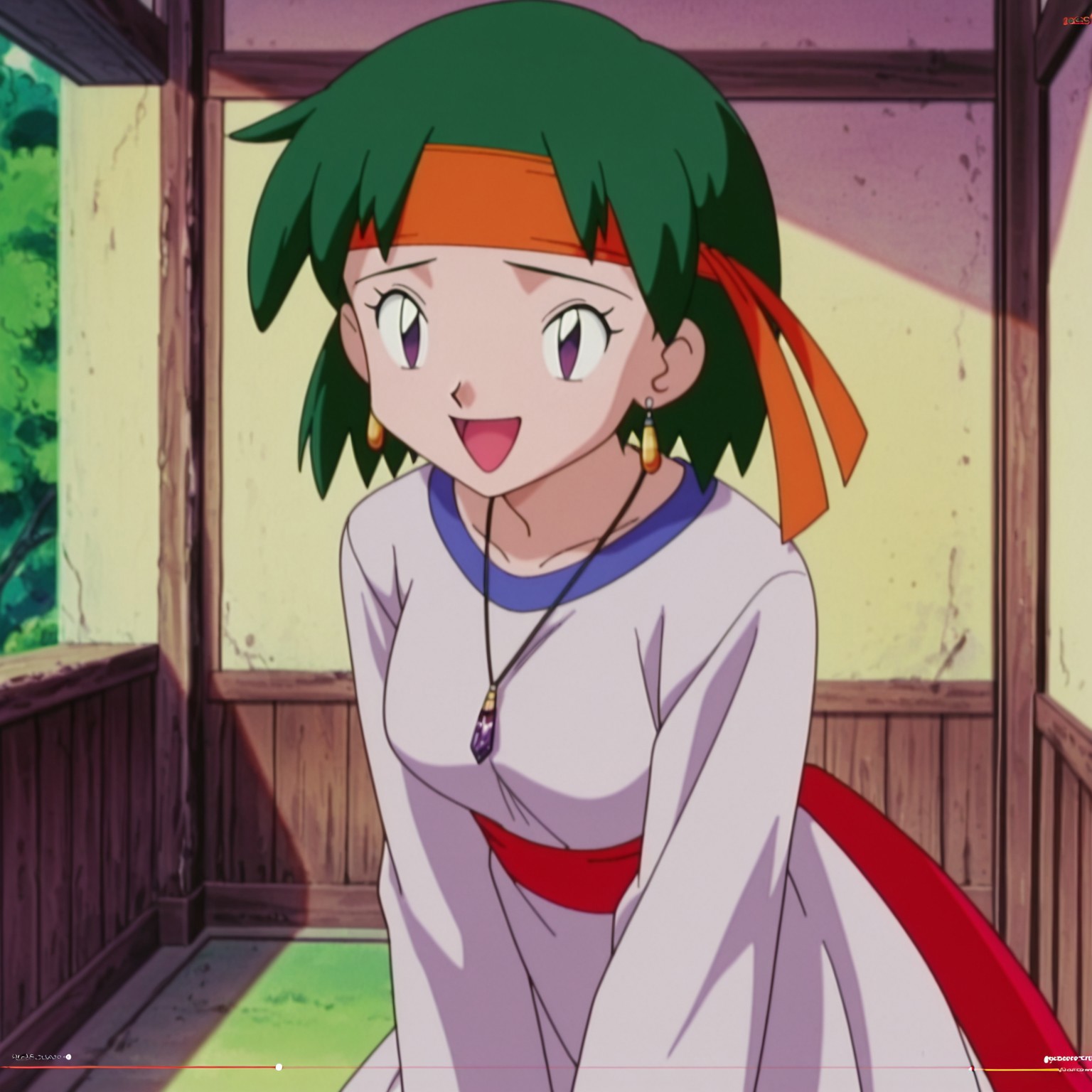 masterpiece, best quality, amazing quality, amazing quality,very aesthetic,absurdres,best quality,newest,masterpiece, breasts, anime screencap, anime artstyle, winking, happy, breasts, anime screencap, anime coloring,safe_pos, safe_pos, score_9, score_8_up, score_7_up,pokemon rochelle, pokemon, green hair, headband, short hair, jewelry, earrings, purple eyes, 1990's (style), necklace, long sleeves,