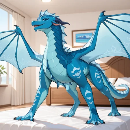 1girl, highres, absurdres, newest, masterpiece, best quality, furry, furry_female, Tsunami_wof, Seawing_wof, dragon, scales, horns, claws, wings, tail, aquatic scales, blue eyes, 1girl, chin tendrils, head frill, chest frill, webbed claws, webbed feet, (quadruped, feral:1.3), detailed eyes, standing, spread wings, open_mouth, open mouth smile, luxurious detailed room, bright room, day scene, professional lighting, white bed, solo, bedroom, smiling, seductive, looking_at_viewer, masterpiece, close up, safe