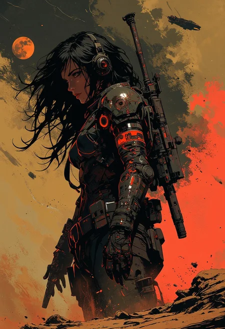 in the style of ck-mgs, nistyle, Inkplash art on rice paper, sepia, henna, Silhouette Art, magnificent, inksplash, closeup portrait, female bounty hunter, flowing black hair, reflective black and neon red armor, futuristic armor, a rifle strapped to her back, holstered pistol, abstract background suggesting a harsh desert world, Spaceships flying overhead, dust storm, windy, nighttime desert atmosphere, night, midnight, moon light,
Cowboy Shot, close up,