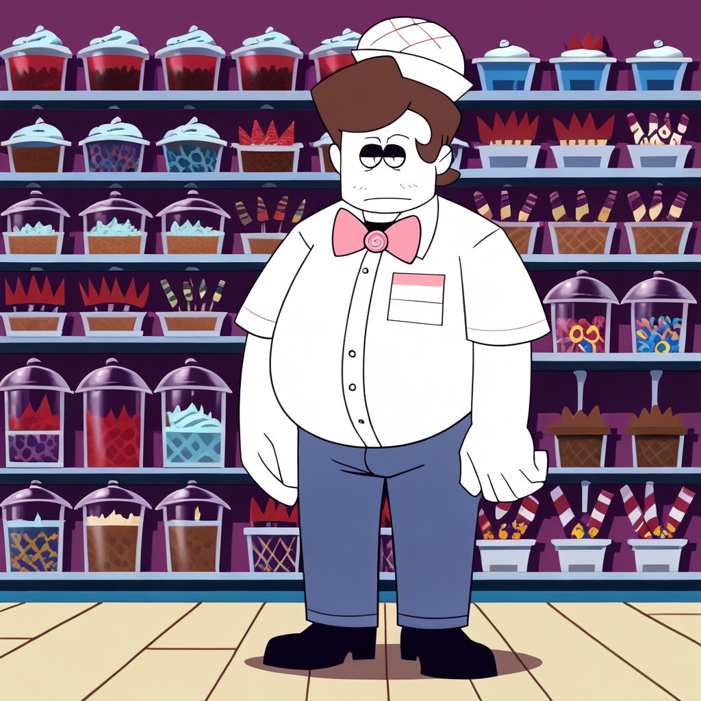 male, white skin, brown hair, solo, black eyes,  black shoes, chubby build, fat, blue pants, detail background, 4k, masterpiece, best quality, highly detailed, high quality, extreme quality, candy store background, A white button-down shirt, A pink bow, A white ice cream shop employee hat with pink details