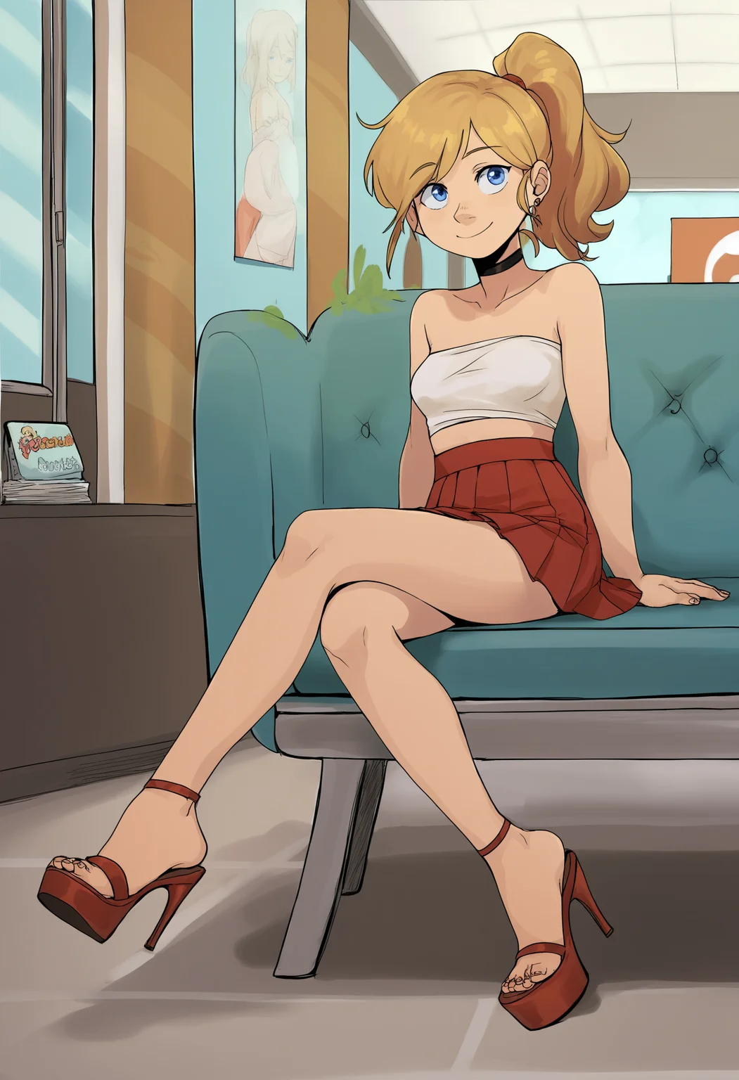 score_9, score_8_up, score_7_up, score_6_up, score_5_up, 1girl, solo, full body,
(source_cartoon),
<lora:Riley Ander (Inside Out) - Gnsisir Style:0.9>
Riley_Ander_Gnsisir, blue eyes, dirty blonde hair, ponytail, soft smile,
tube top, miniskirt, pleated skirt, high heels, sitting,
indoors, mall,
<lora:Expressive_H:0.7> Expressiveh,
<lora:add-detail-xl:0.9>