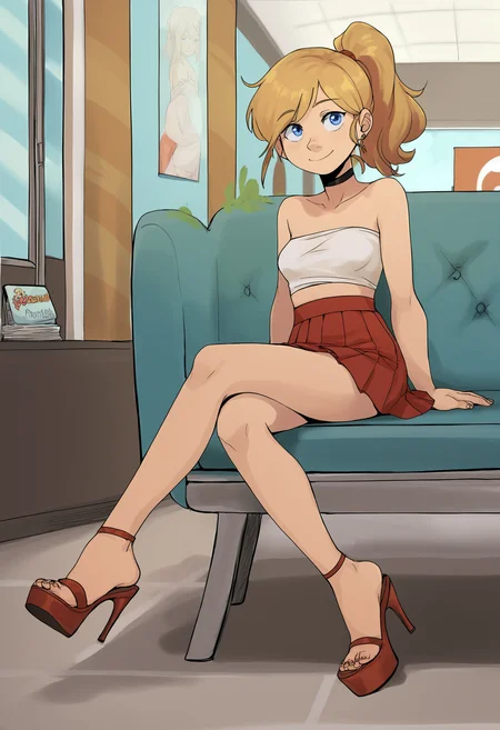 score_9, score_8_up, score_7_up, score_6_up, score_5_up, 1girl, solo, full body,
(source_cartoon),
<lora:Riley Ander (Inside Out) - Gnsisir Style:0.9>
Riley_Ander_Gnsisir, blue eyes, dirty blonde hair, ponytail, soft smile,
tube top, miniskirt, pleated skirt, high heels, sitting,
indoors, mall,
<lora:Expressive_H:0.7> Expressiveh,
<lora:add-detail-xl:0.9>