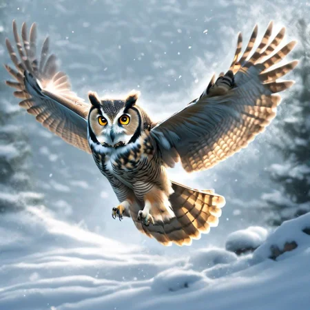 Action shot of an owl catching a rat. Finishing move. Ripple effect in the snow.