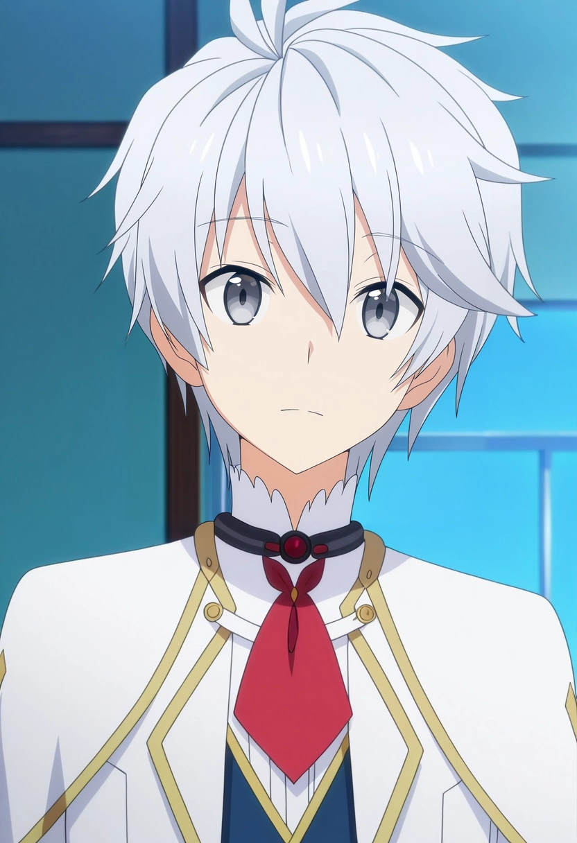masterpiece, best quality, , anime screencap, anime coloring, official style,, 1boy, solo, male focus, <lora:lux_arcadia_ilxl:0.9>, lux_arcadia, grey hair, grey eyes, short hair, hair between eyes, school uniform, red ribbon, capelet,