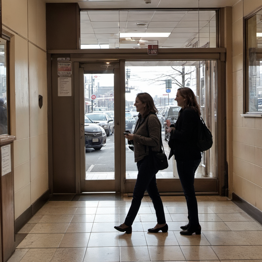 phone photo of two smiling woman walking inside a building <lora:test-session-1:1>