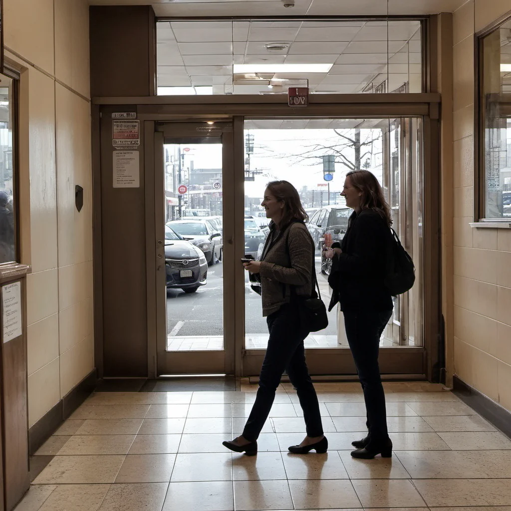 phone photo of two smiling woman walking inside a building <lora:test-session-1:1>