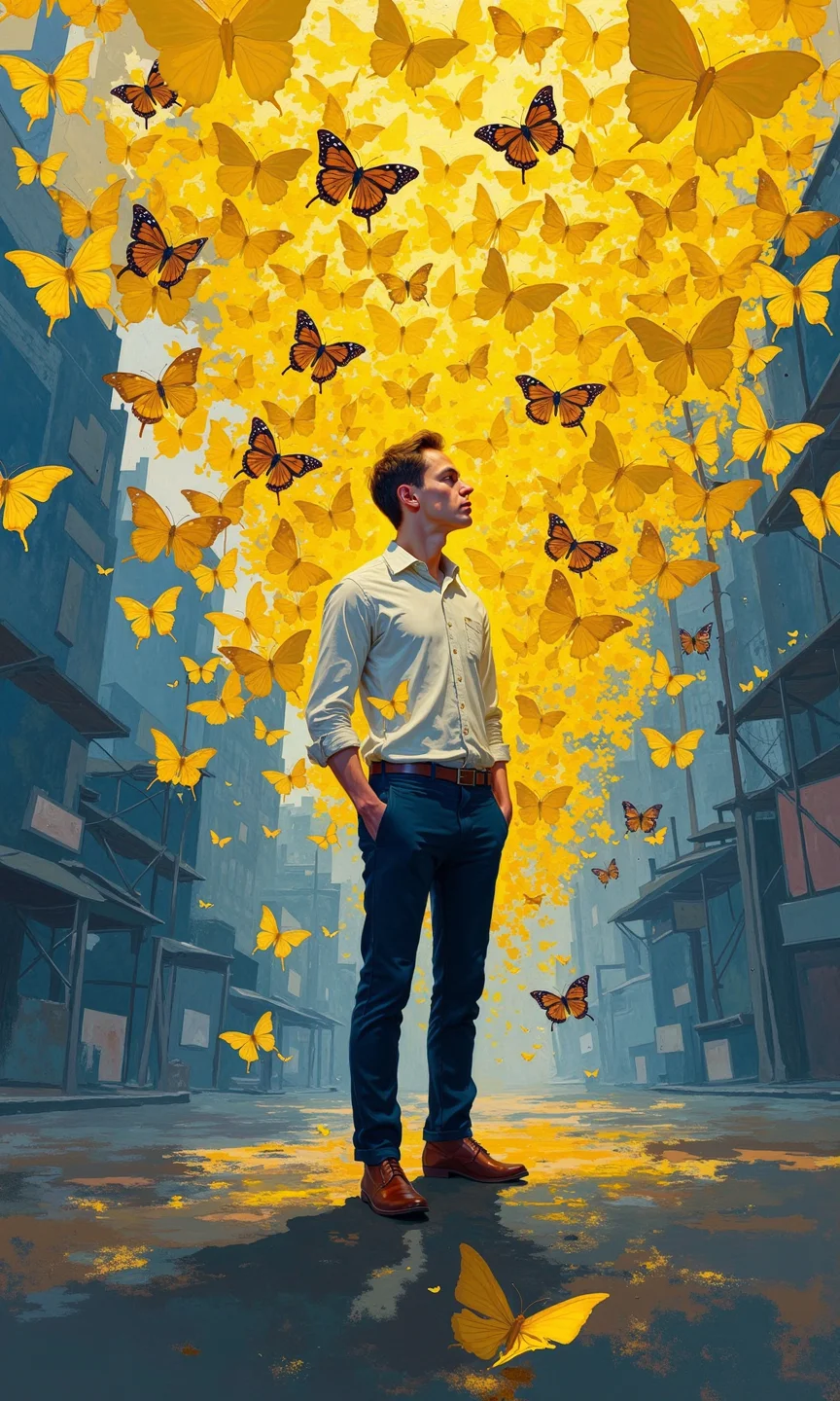 Full shot of a man standing amidst a multitude of yellow butterflies against a backdrop of muted blues and grays, suggestive of a city skyline.
The man is positioned in the center-right of the image, his figure taking up a significant portion of the composition. He's light-skinned, and dressed in a light-colored, likely white, button-down shirt and dark blue pants. His posture is slightly turned, facing the viewer's right. His expression is contemplative or thoughtful, with his gaze directed slightly upward and to his right.
The butterflies fill the space, predominantly in a vibrant yellow, creating a dense and somewhat abstract pattern. They are rendered in a style that evokes a painterly quality, with varying degrees of transparency and vibrancy. Some butterflies overlap others, and their wings are depicted with details, suggesting movement and life.
The background displays a cityscape with buildings and structures that are outlined in muted blues and grays, creating contrast with the yellow butterflies. The overall color palette is subdued. The ground appears wet, with reflections hinting at water or rain, and the ground plane is a mottled indigo. This color is overlaid and contrasted by the yellow butterflies, creating visual depth.
The perspective is such that the butterflies and city appear to stretch out before the figure, giving visual impact to the overall scene. The overall impression is that of a scene capturing a sense of movement, transition, and possibly a metaphor related to change, growth, or freedom, with yellow butterflies as a recurring visual motif.
<lora:FLUX-daubrez-DB4RZ-v2:1> DB4RZ, DB4RZ style painting