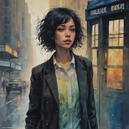 impressionistic bidimensional a biracial goth girl dressed in playful colours instead of black, action pose by a tardis, watercolor (monet:1.2) dadaistic collage (by Bill Sienkiewicz:1.5), night city. Beautiful face. resplendent spotlight effect, alcohol and gold leaf highlights.