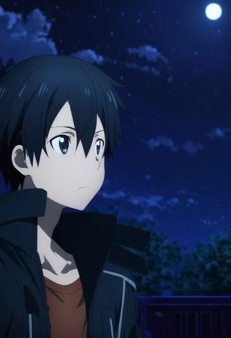 high resolution, solo, best quality, 1Boy, Kazuto Kirigaya, Black Hair, Black Eyes, open space, night sky, moon, OverallDetail