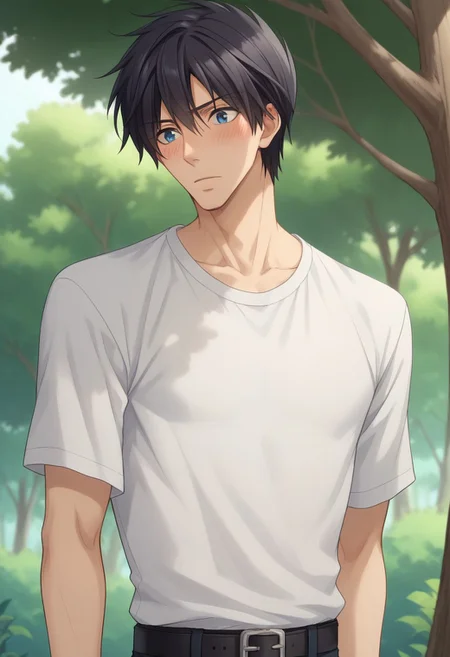 score_9, score_8_up, score_7_up, source_anime, highly detailed, slender,
nowaki, 1boy, male focus, solo, black hair, tree, blue eyes, blush, nature, forest,
shirt,  white shirt, t-shirt, black t-shirt, belt, pants, upper body,