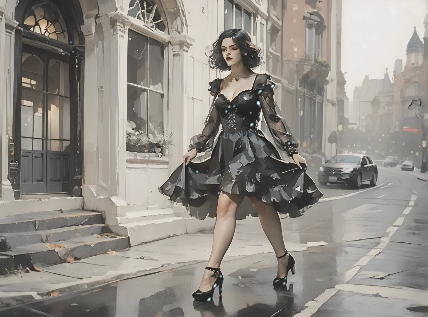 score_9, score_8_up, score_7_up, full body image, environment interaction, walking, woman, pale skin, huge breasts, <lora:sm0k3XLP:1>, <lora:goth_clothes:1>, goth dress, gothic, black dress, detailed dress, black high heeled shoes, Shoulder length hair, unnatural haircolor, <lora:tarakanovich1.5:1>, <lora:simple_cartoon_style:1>, expansive landscape painting background, art gallery,