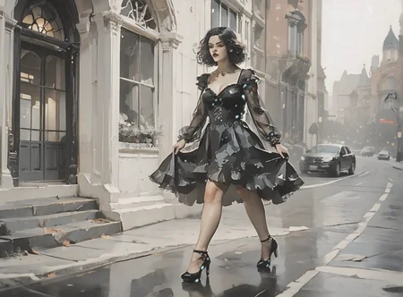 score_9, score_8_up, score_7_up, full body image, environment interaction, walking, woman, pale skin, huge breasts, <lora:sm0k3XLP:1>, <lora:goth_clothes:1>, goth dress, gothic, black dress, detailed dress, black high heeled shoes, Shoulder length hair, unnatural haircolor, <lora:tarakanovich1.5:1>, <lora:simple_cartoon_style:1>, expansive landscape painting background, art gallery,