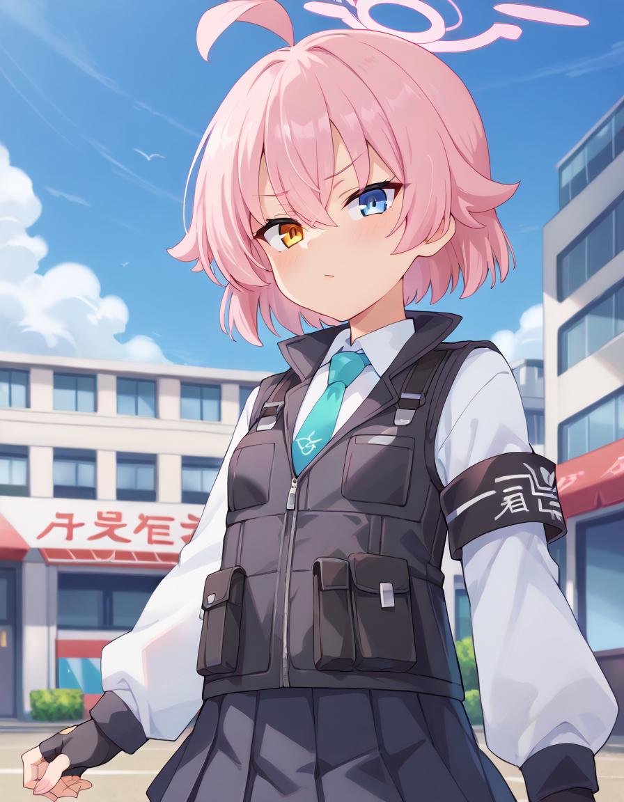 score_9, score_8_up, score_7_up, score_6_up, score_5_up, score_4_up, source_anime, anime screencap, masterpiece, insanely detailed, detailed background, zPDXL3, break, toraisi666_style,1girl,nsfw, takanashi_hoshino/(BA/),pink_hair,short_hair,hair_between_eyes,halo,blue_eyes,yellow_eyes,heterochromia,armband,fingerless_gloves,long_sleeves,necktie,shirt,bulletproof_vest,skirt,small_breasts